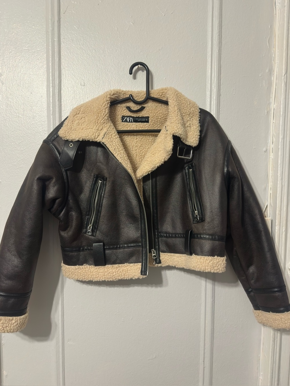 ZARA Dark Brown Faux Leather Aviator Jacket with Cream Sherpa Trim